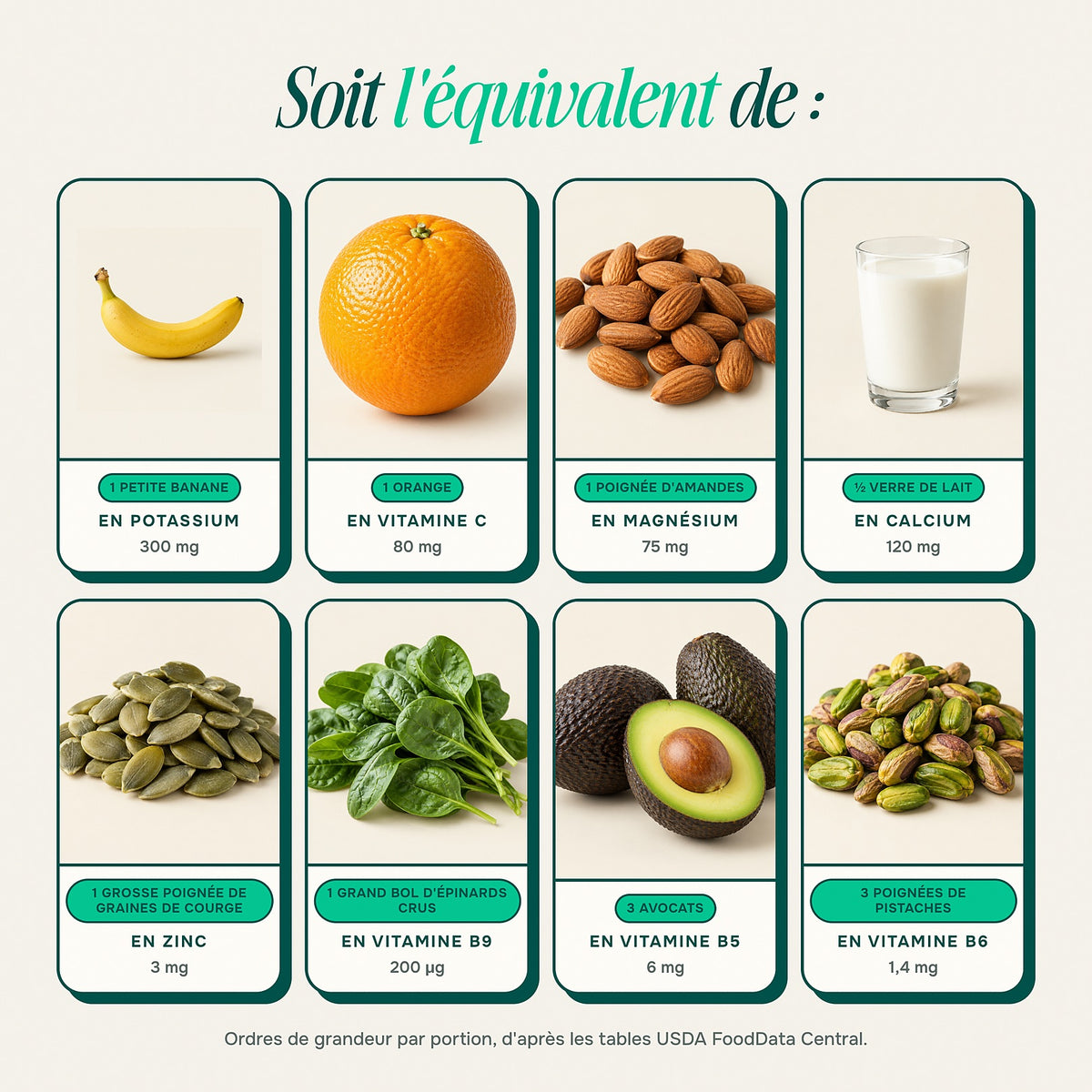 Soit l'équivalent de : aliments pour chaque nutriment