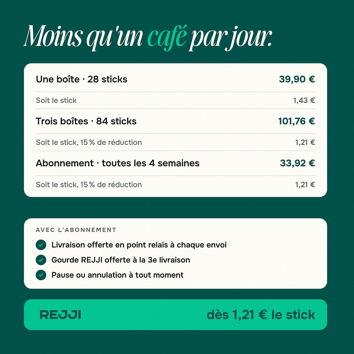 Moins qu'un café par jour : prix par stick et abonnement